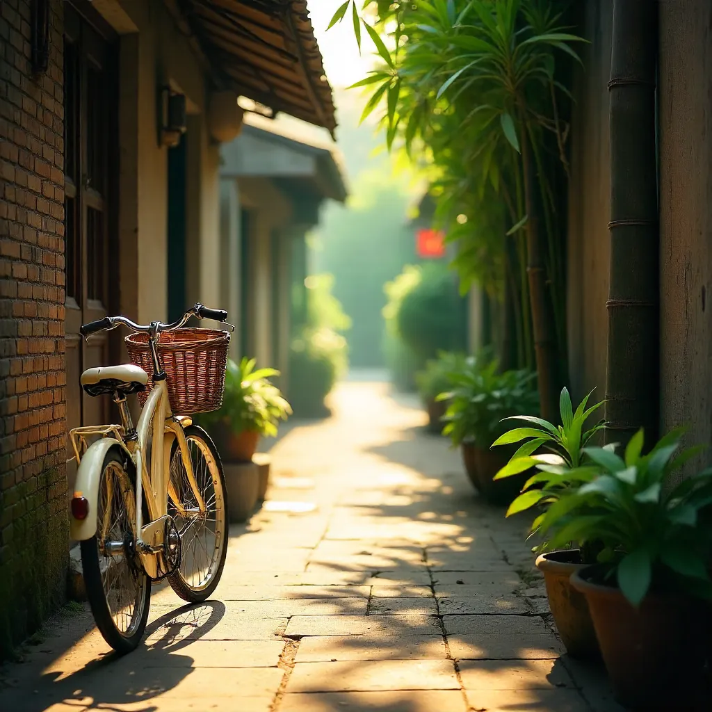 Tranquil Hà Nội Alley with Bamboo and Vintage Bicycle