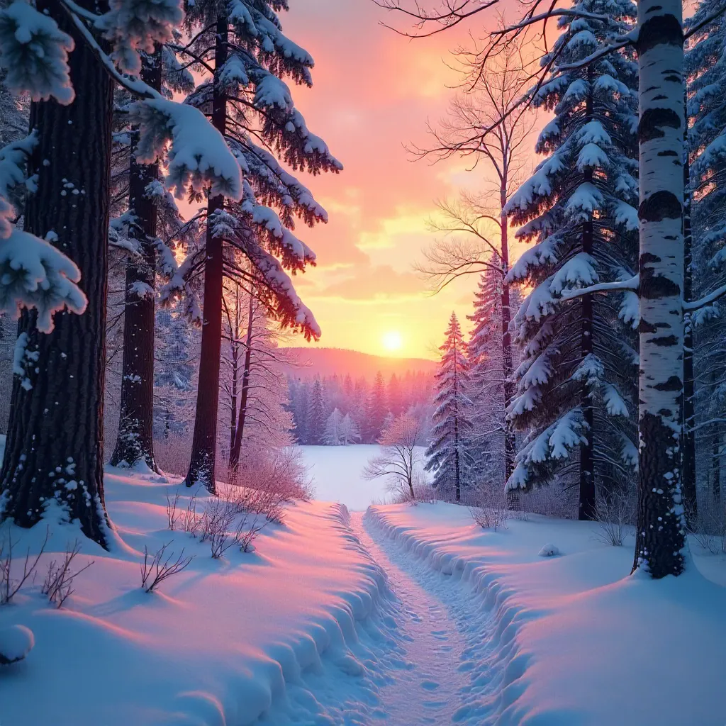 Sunset Snowlit Forest: A Serene Winter Wonderland