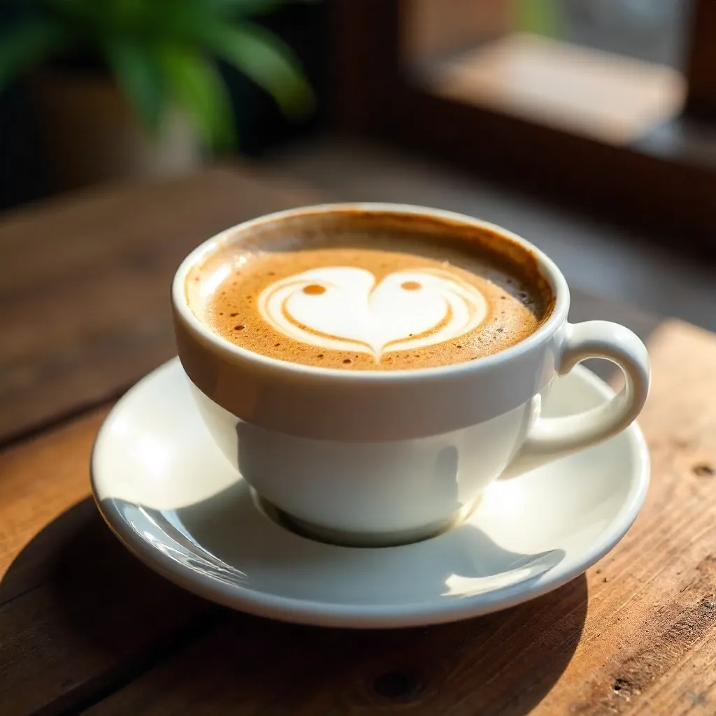 Smiley Latte Art on a Wooden Table in Natural Light