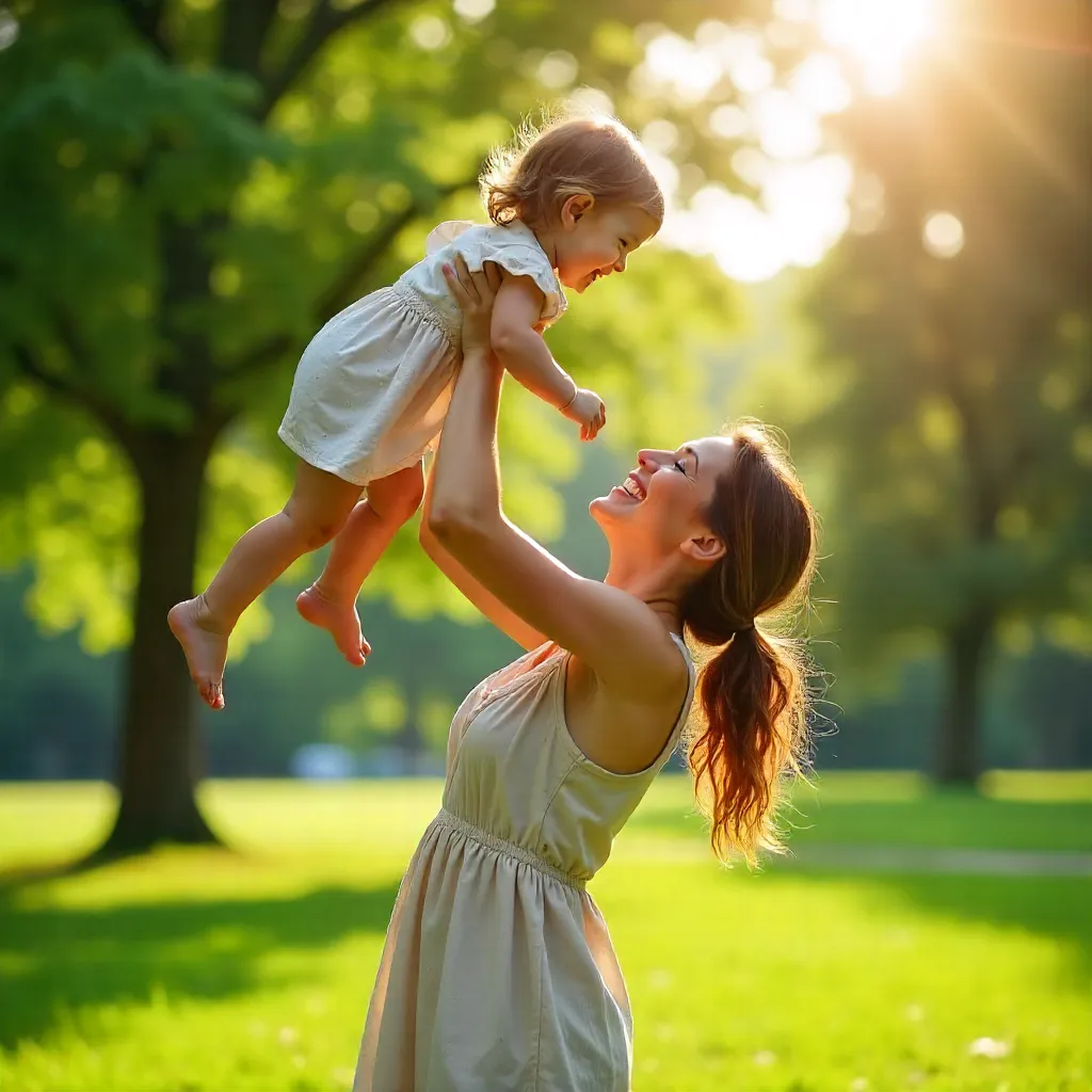 Sunlit Park Moment: A Mother's Joyful Lift