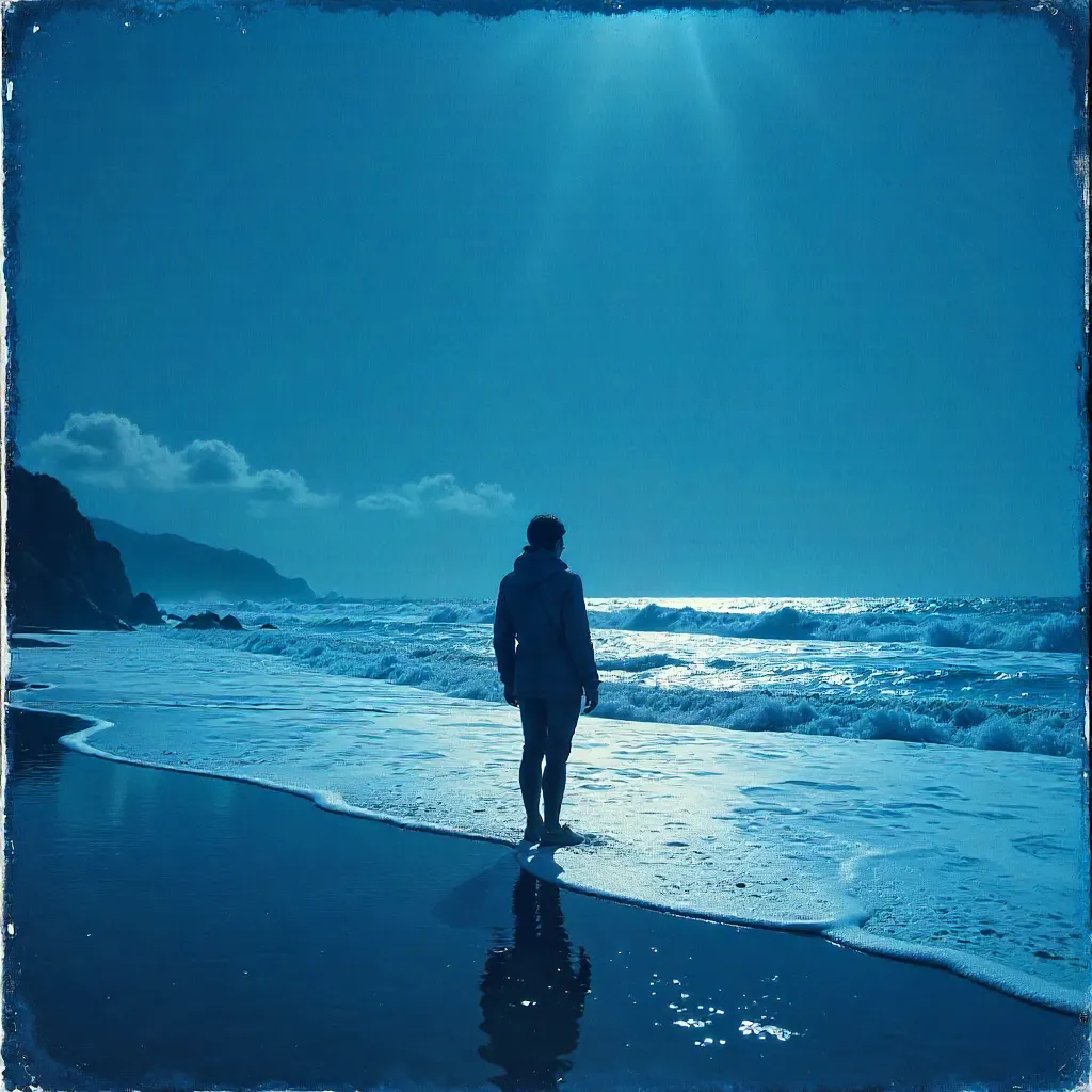 Dramatic Cyanotype: Silhouette on Blurred Beach