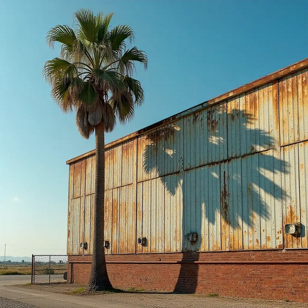 Lone Palm Shadow on an Industrial Facade
