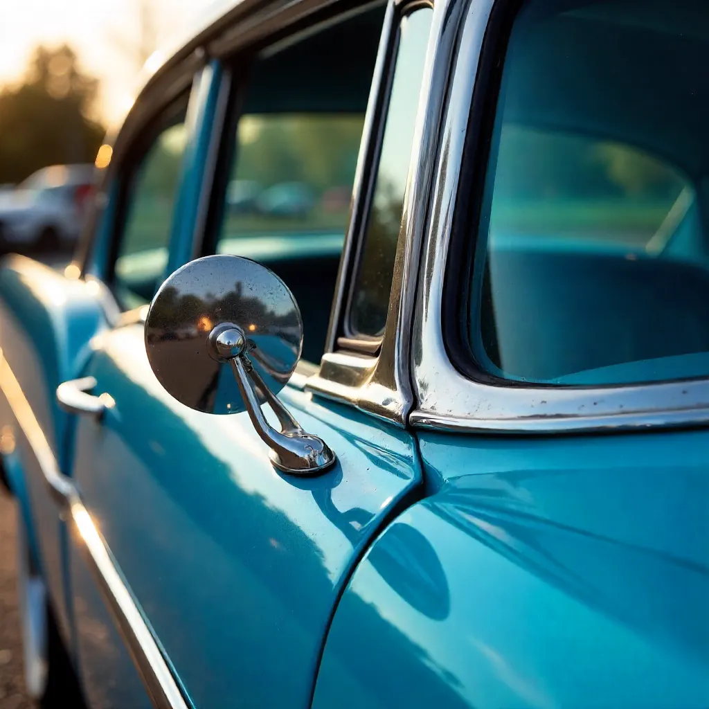 Chrome Mirror and Blue Classic Car Close-Up