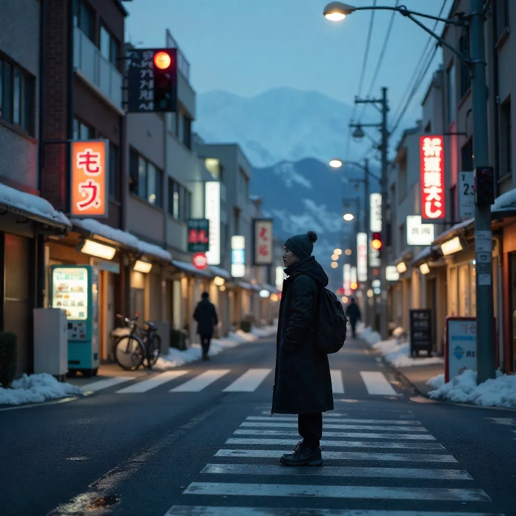 Nagano City Crosswalk: Waiting Under the Traffic Light