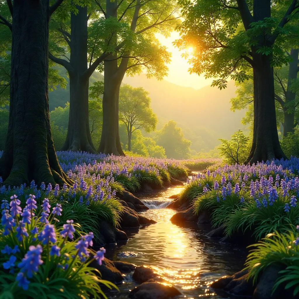 Golden Sunrise Over Bluebell Forest