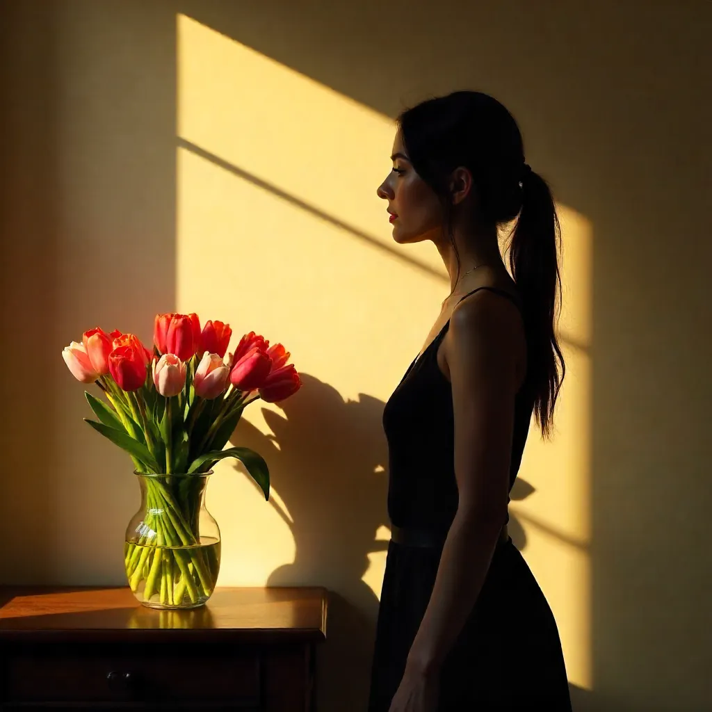 Golden Hour Silhouette with Tulips by the Wall