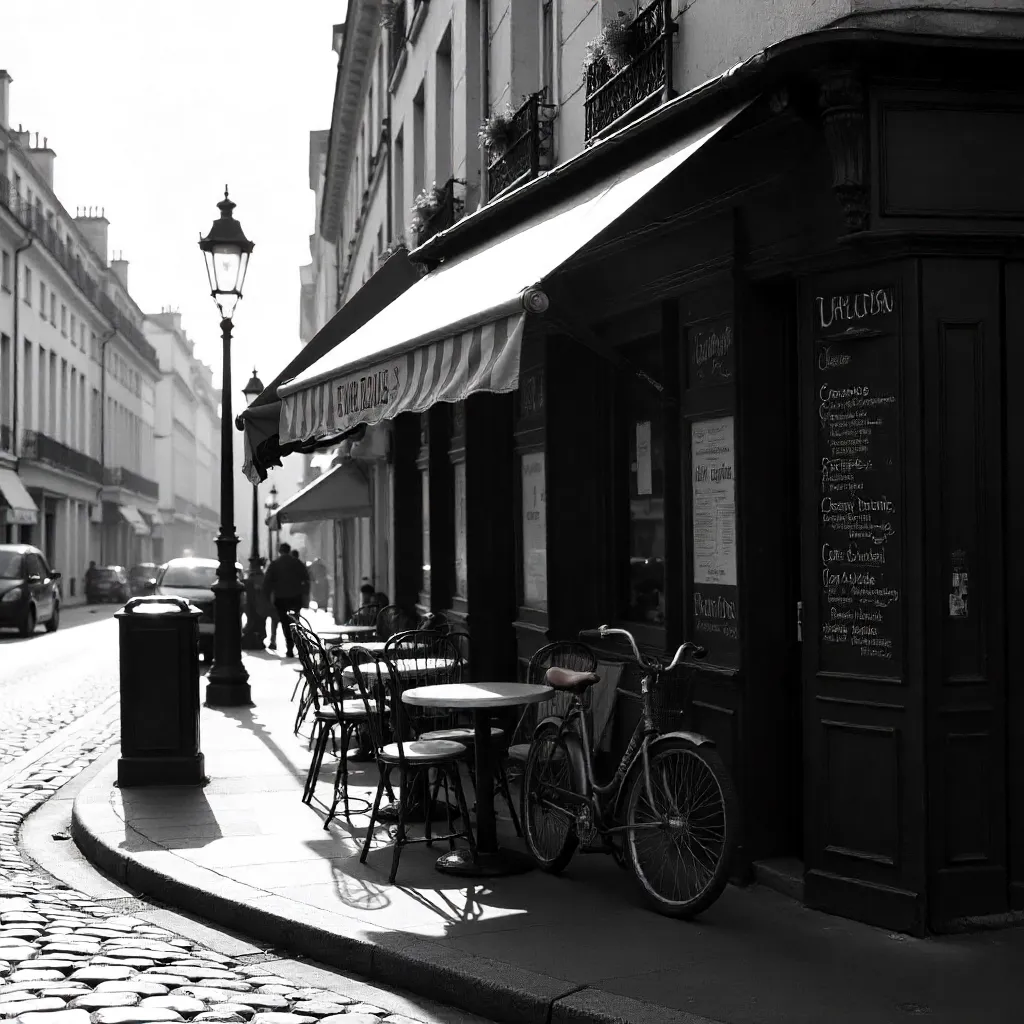 Monochrome Paris Street Corner: Café and Bicycle