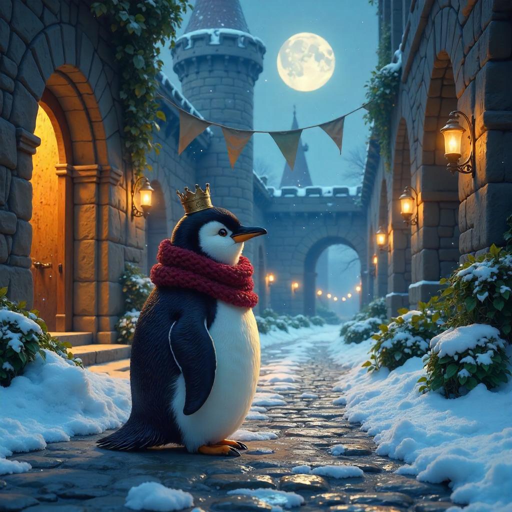 Penguin in a Moonlit Castle Courtyard