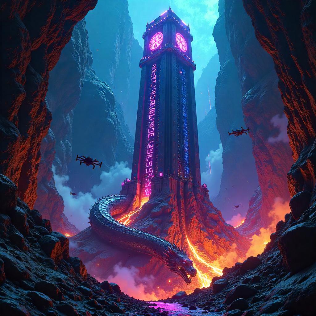 Neon Tower Rising in a Dragon's Lair