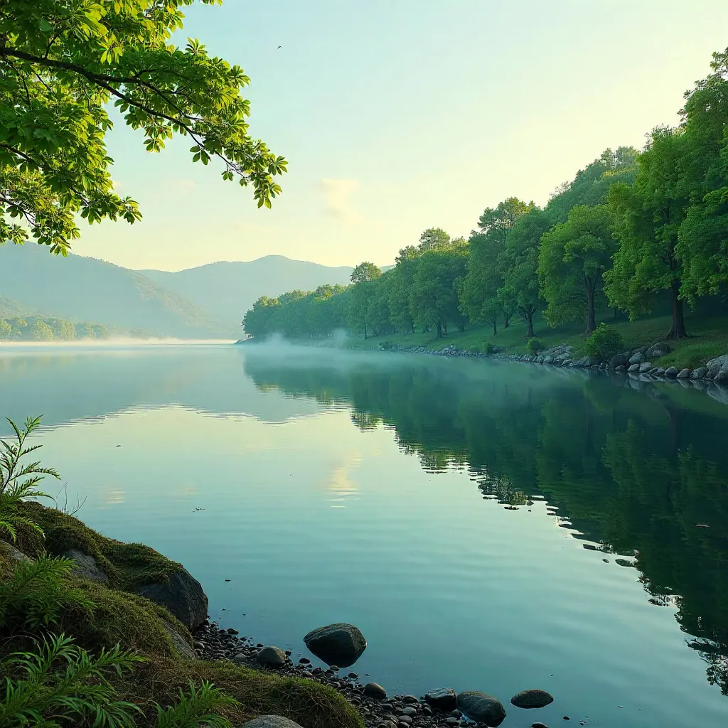 Serene Lakeside Reflections of Lush Green Trees
