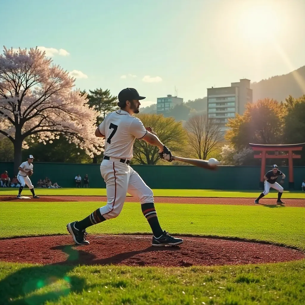 Sunlit Japanese Park Baseball—Mid-Swing Action
