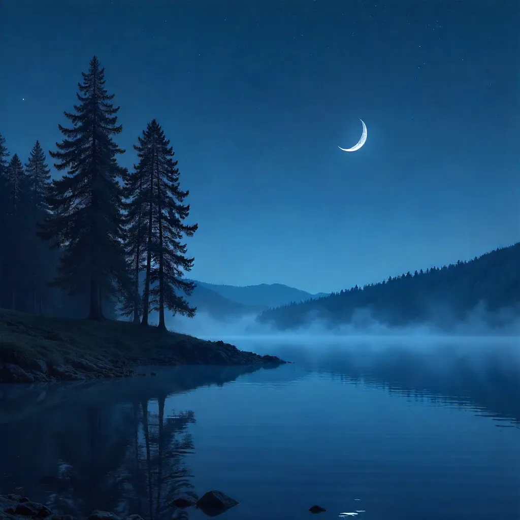 Crescent Moon Over Quiet Pines in Deep Blue Night