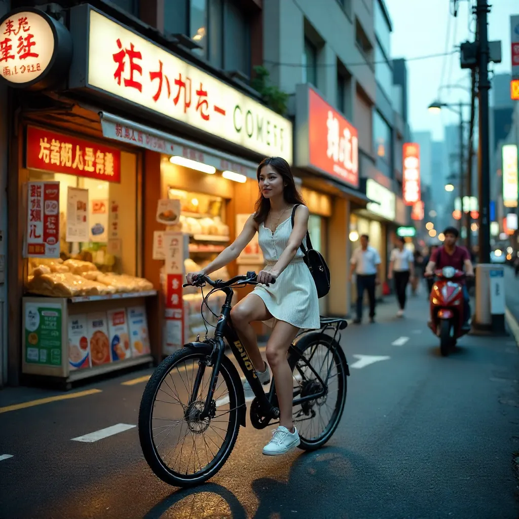 Cyclist in Tokyo Passing a Japanese Grocery Store