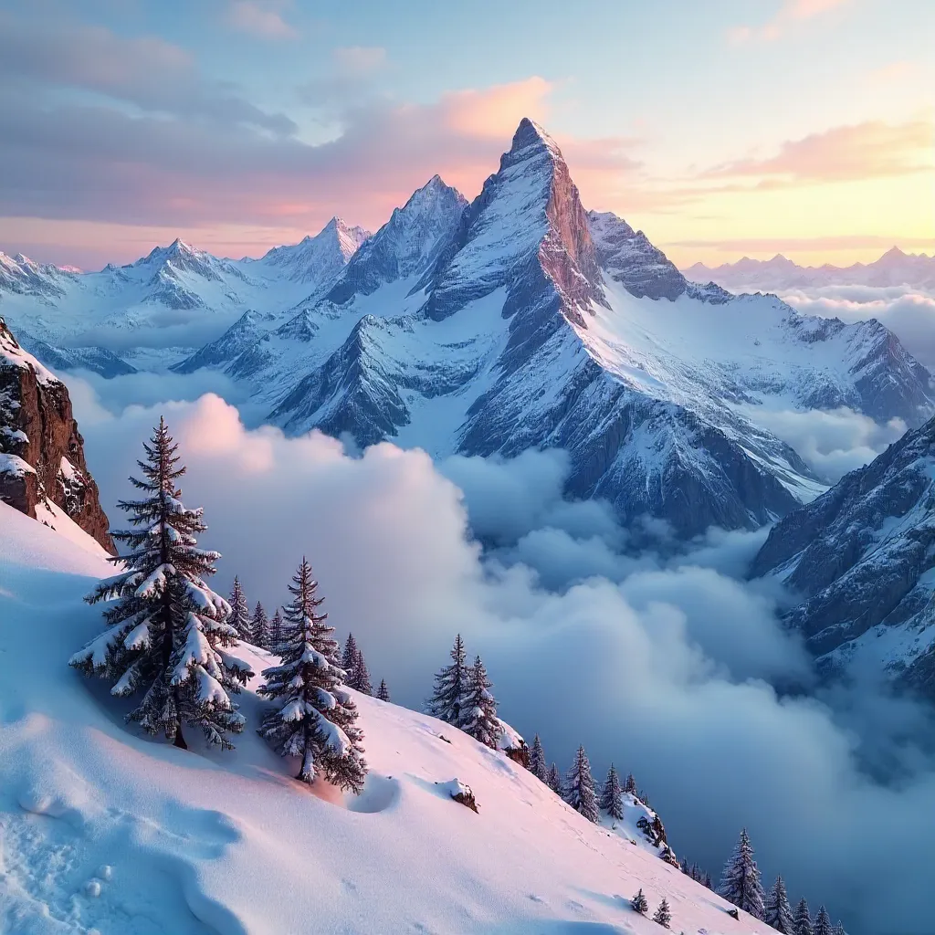 Snow-Capped Peaks Above a Sea of Clouds