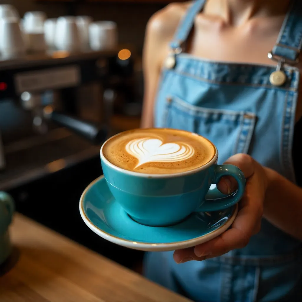 Blue Ceramic Cup Cappuccino with Heart Latte Art
