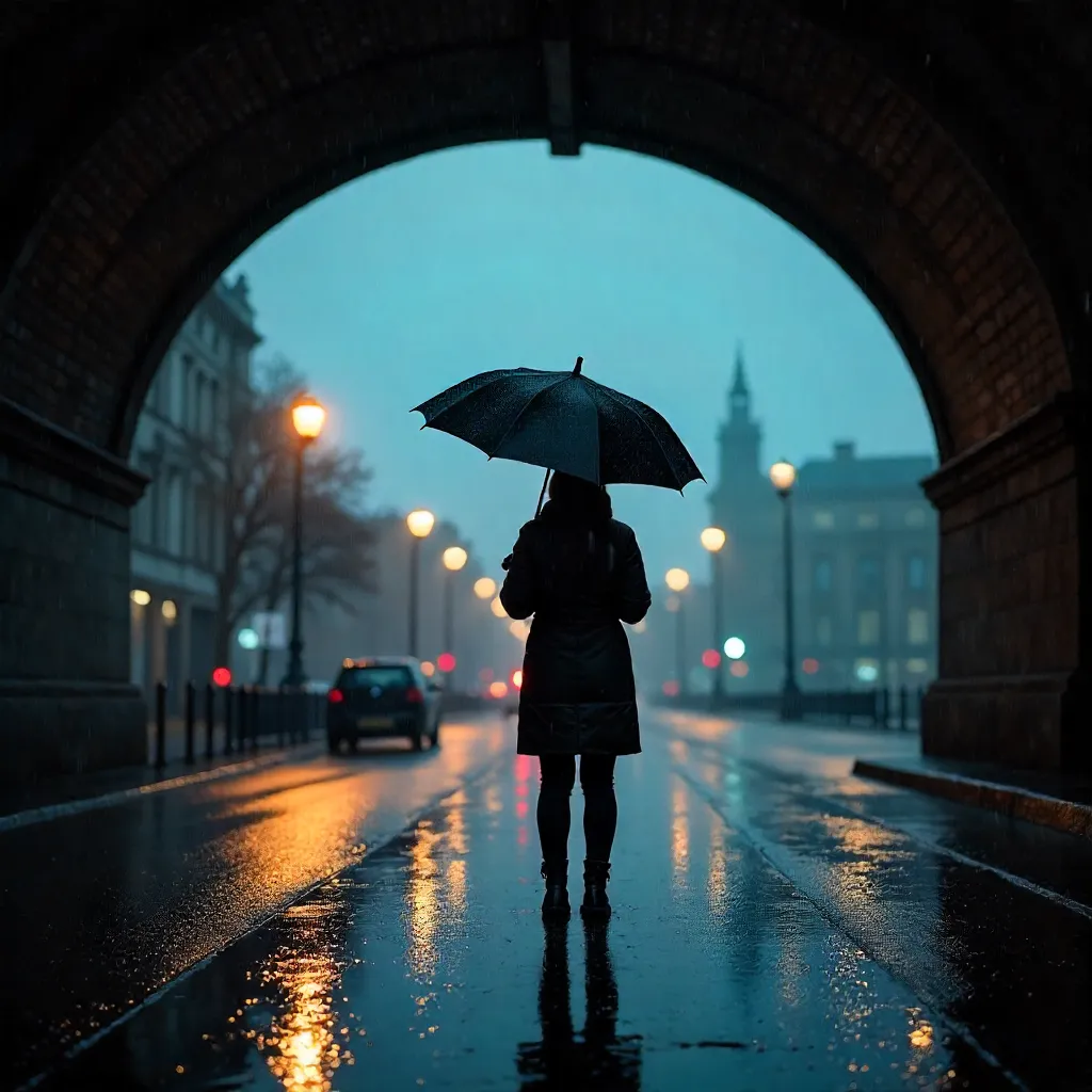 Silhouette Under the Bridge in the Rain