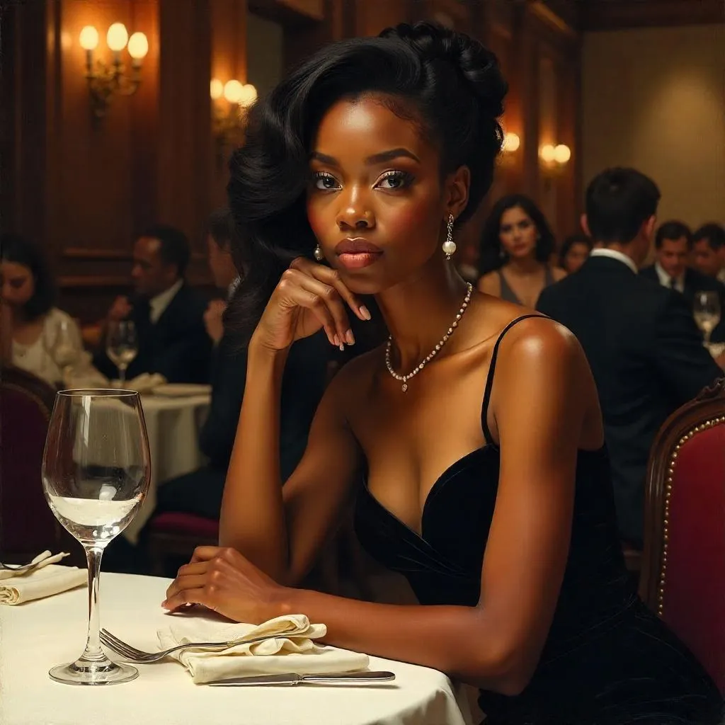 Restaurant Portrait of an Elegant Black Girl in Oil