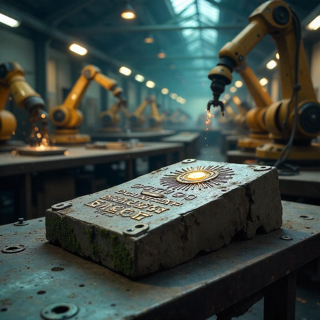 Ancient Relic in a Neon Robot Factory