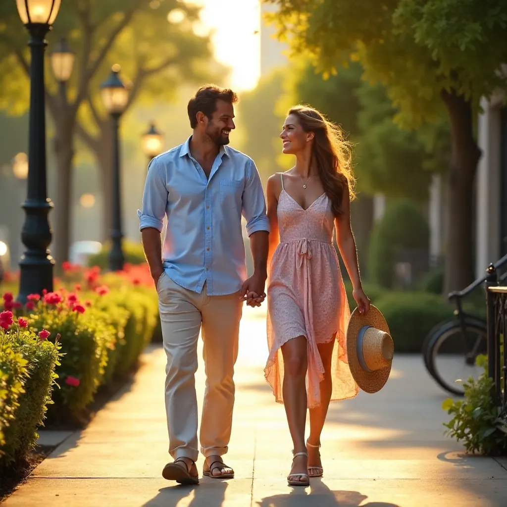Golden Hour Stroll: Happy Couple on a Sunlit Walkway