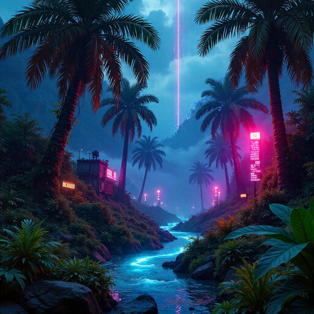 Neon Jungle Cyberpunk Under Meteor Shower