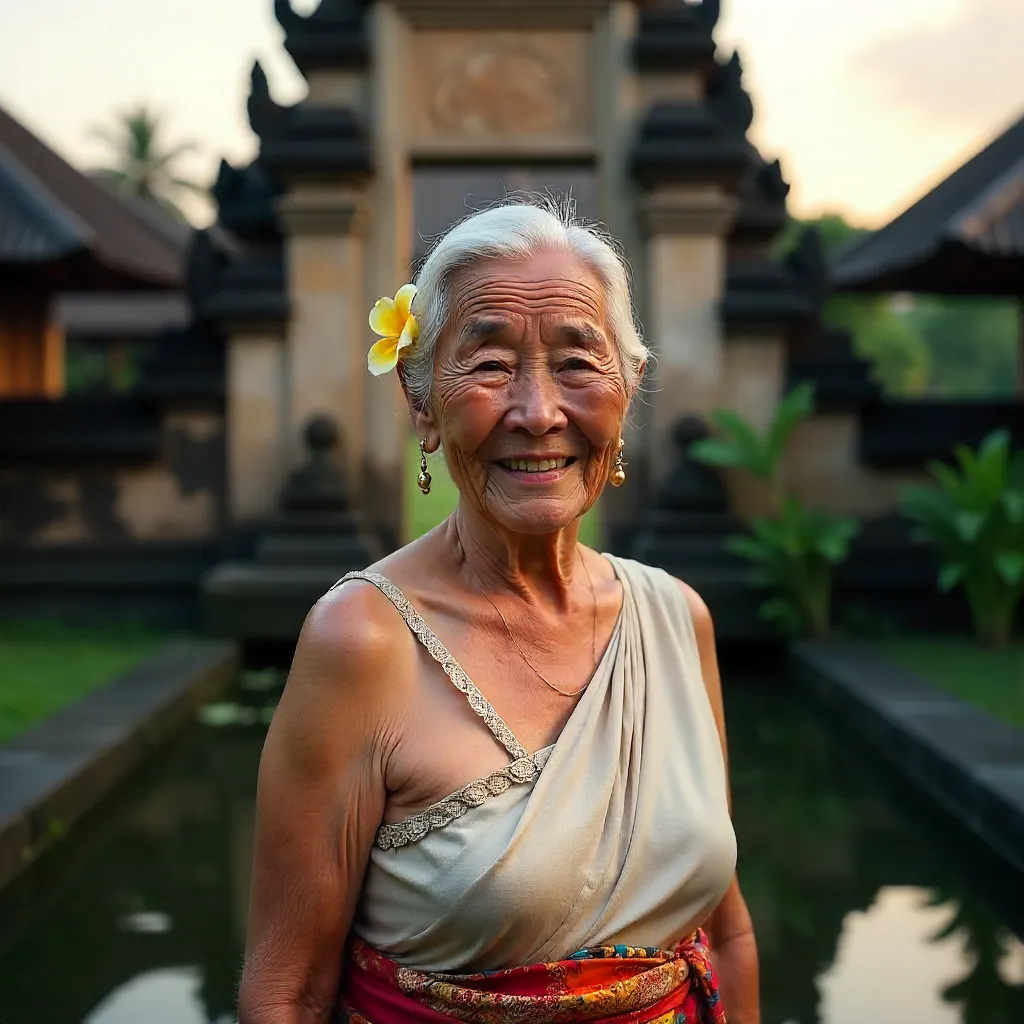 Smiling Balinese Elder Portrait with Traditional Architecture