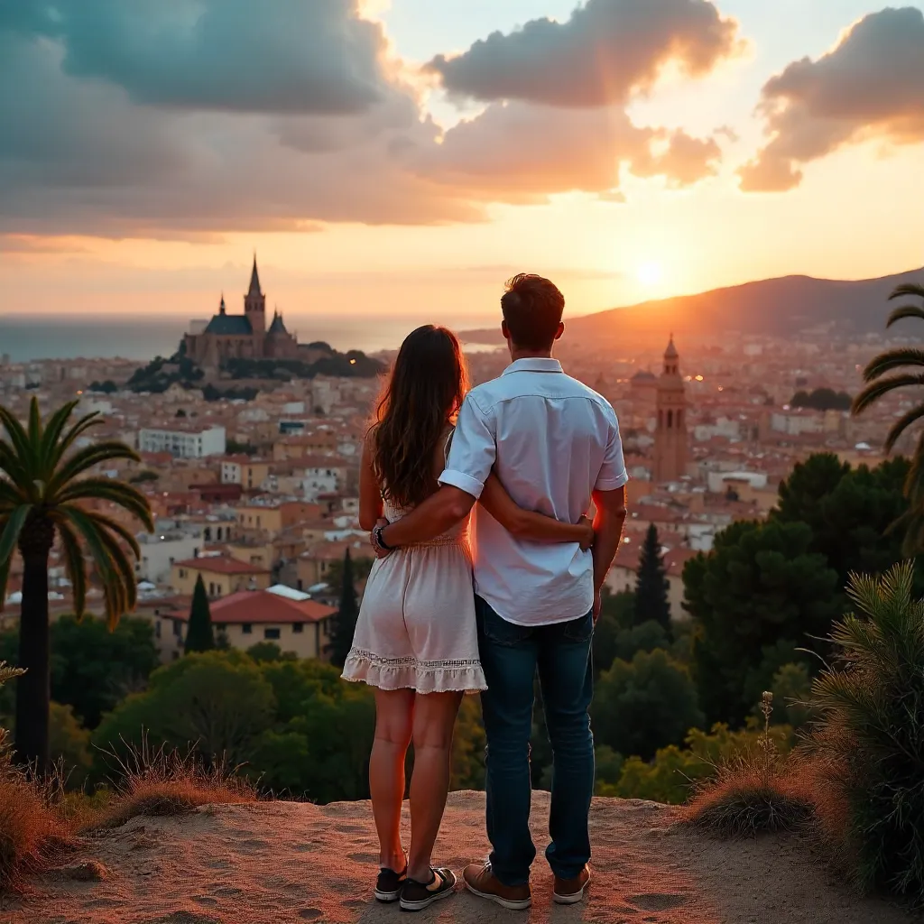 Couple Overlooking Barcelona with Sagrada Família in Distance