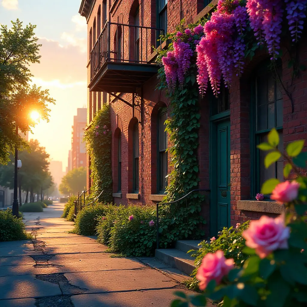 Sunset on a vine-clad abandoned building