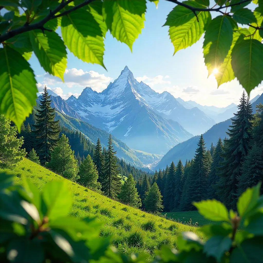 Framed Mountain View Through Green Leaves