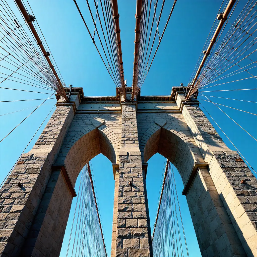 Close-Up: Manhattan Bridge Tower Under Clear Blue Sky