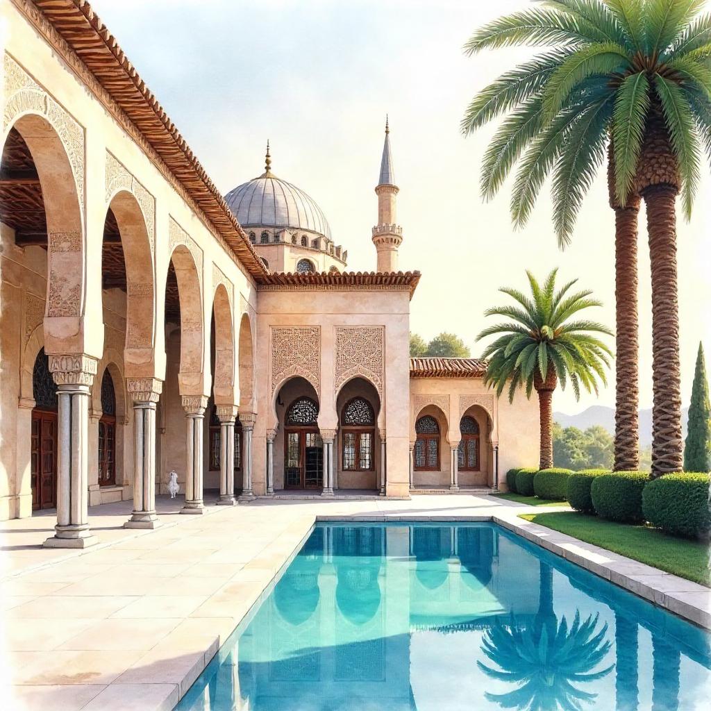 Watercolor Mansion in a Grand Mosque Courtyard