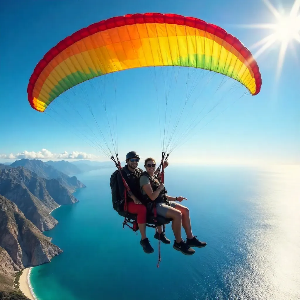 Thrilling Tandem Paragliding Under a Clear Blue Sky