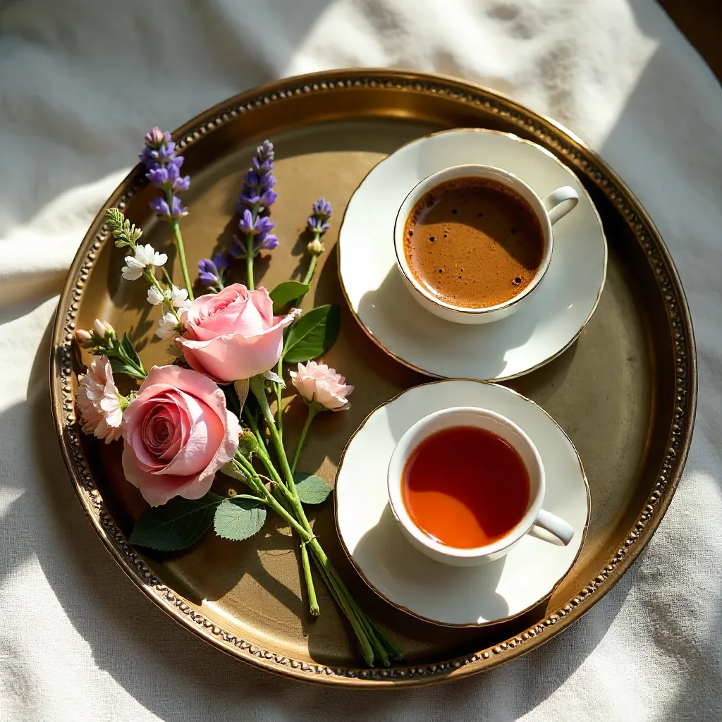 Aesthetic Top-Down Coffee, Tea and Flowers on Vintage Tray