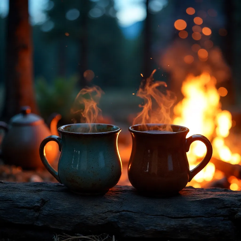 Close-Up of Tea and Coffee Mugs by a Campfire