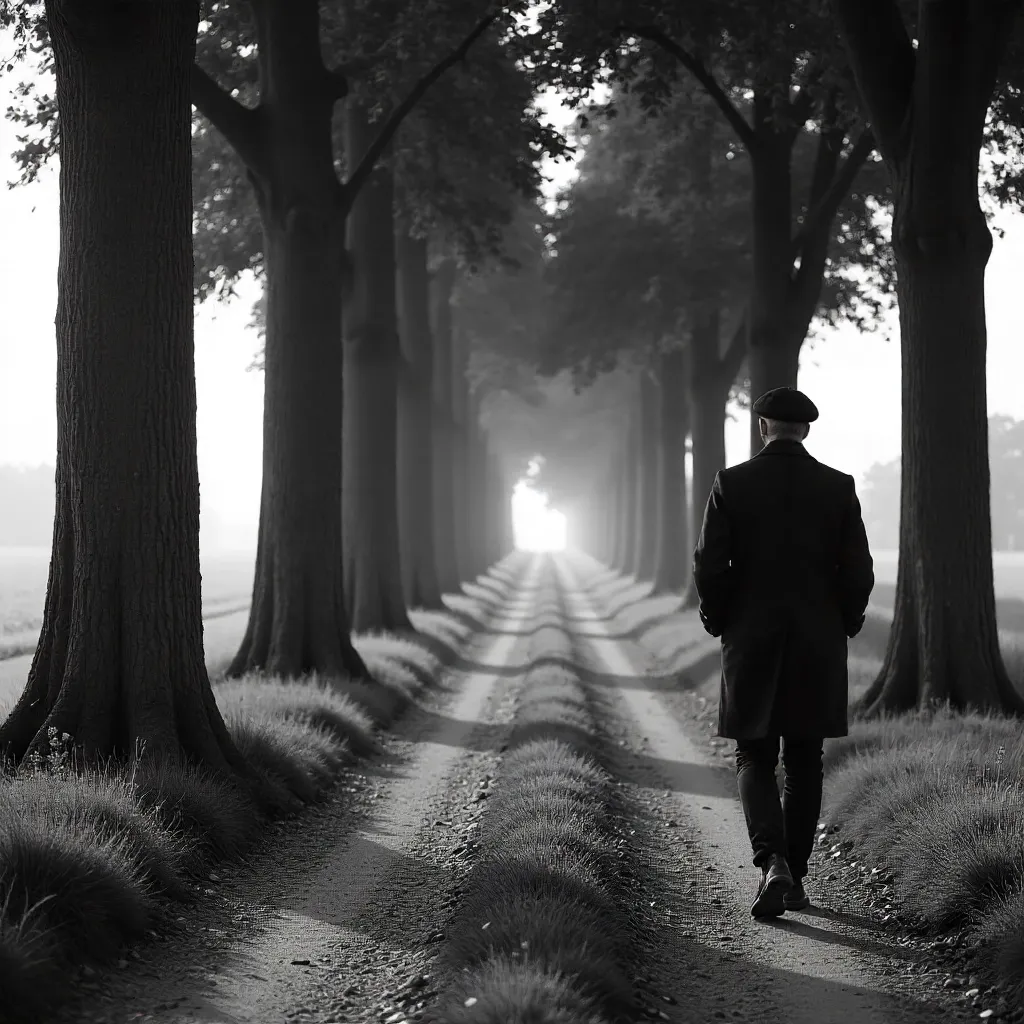Monochrome Beret Stroll on a French Path