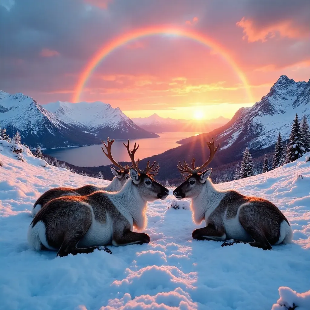 Reindeer Slumber on Snowy Norwegian Ridge under Rainbow