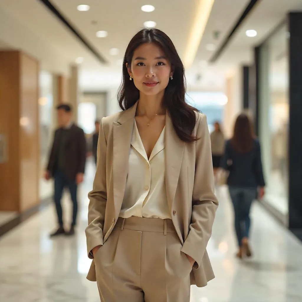Elegant Asian Woman in a Photorealistic Mall Scene