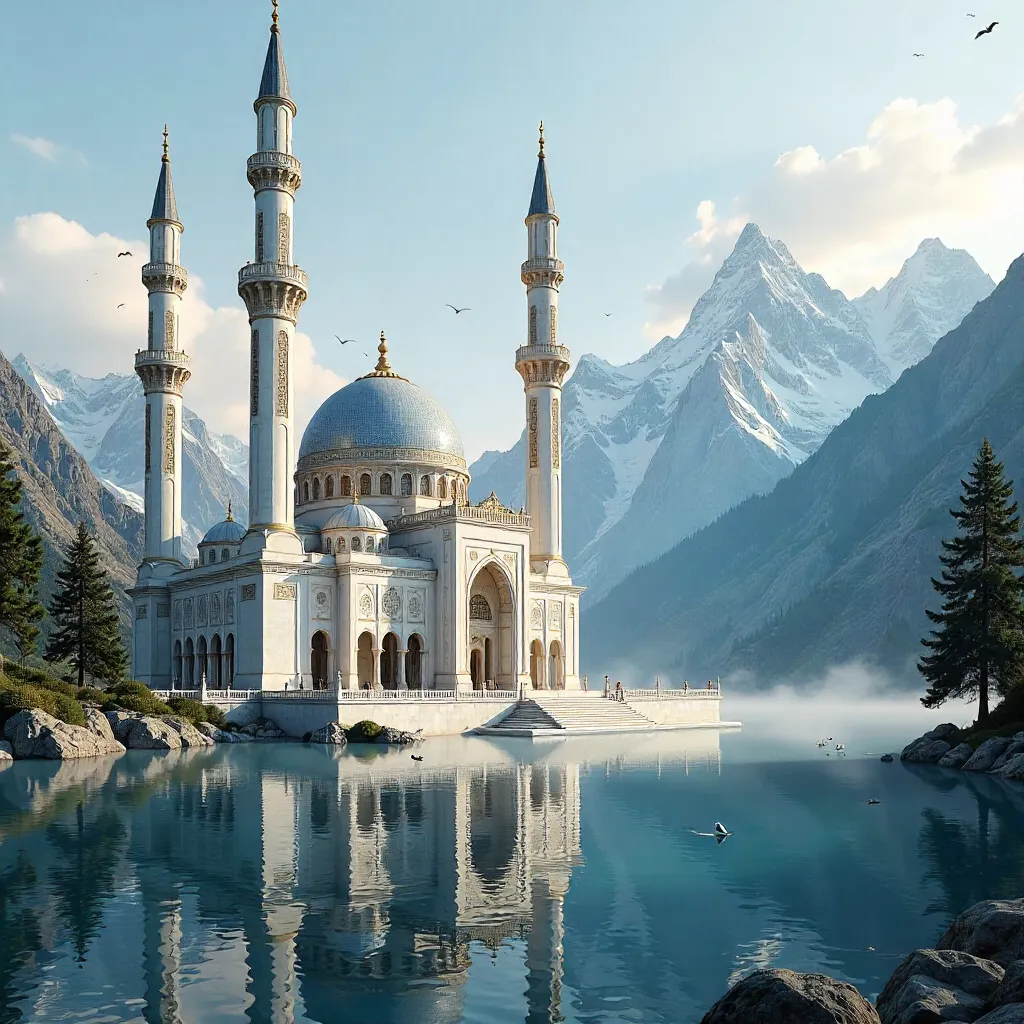 Serene Mosque Amid Majestic Mountain Backdrop