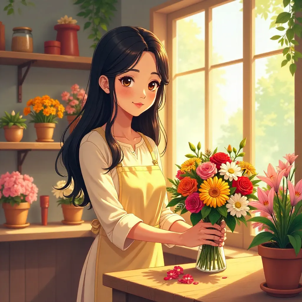 Anime-style Indian woman in a flower shop