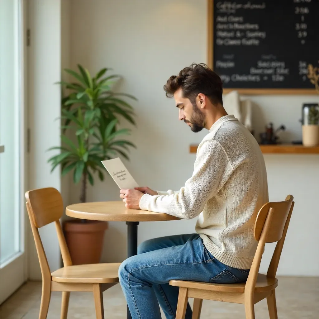 Minimalist Cafe Moment: Man Reads Sign Across