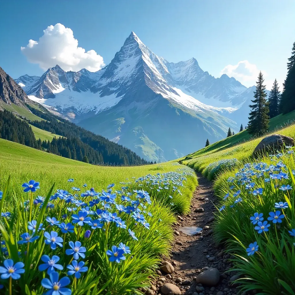 Snow-Capped Peaks over a Spring Meadow of Blue Flowers