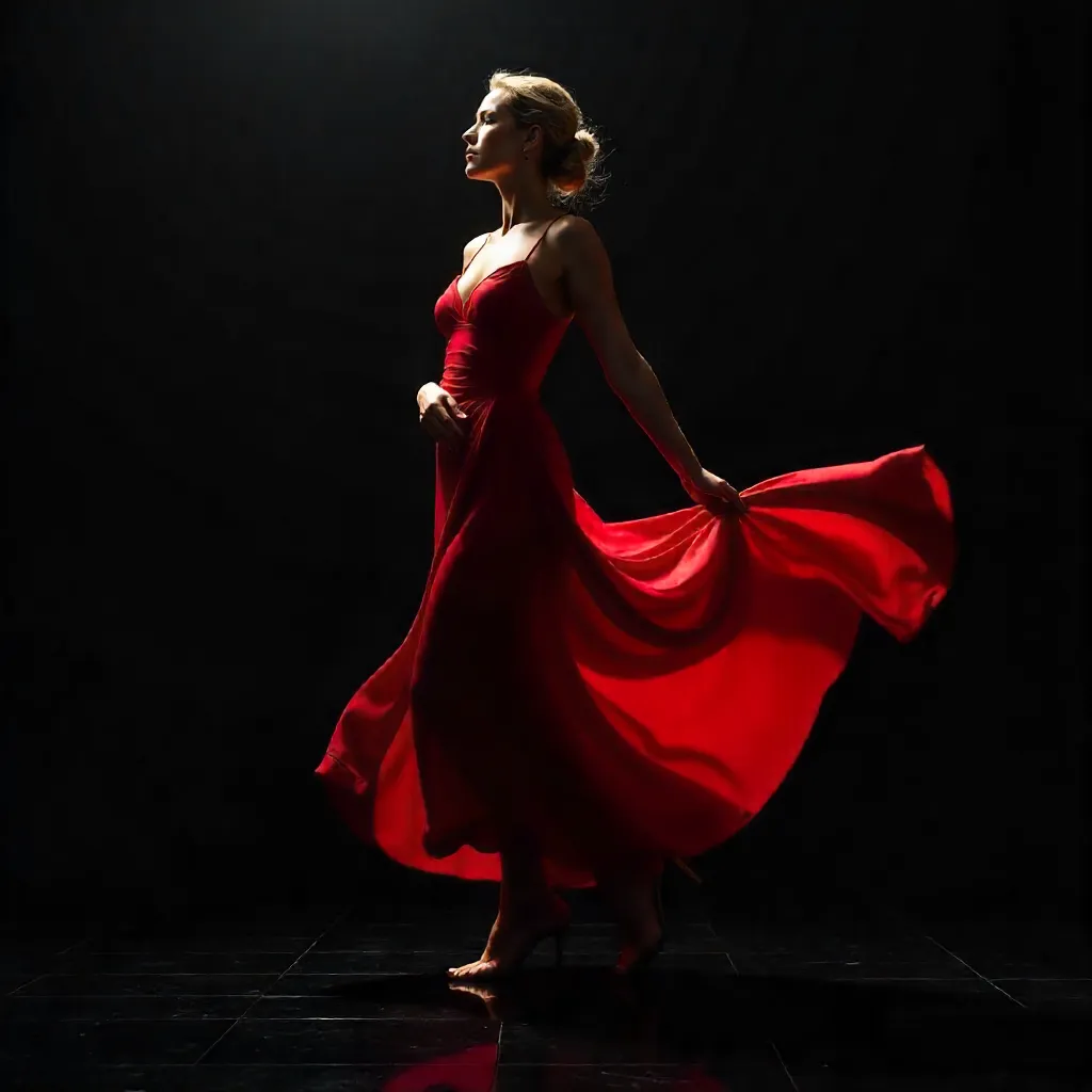 Crimson Silhouette: Dramatic Pose on a Dark Floor