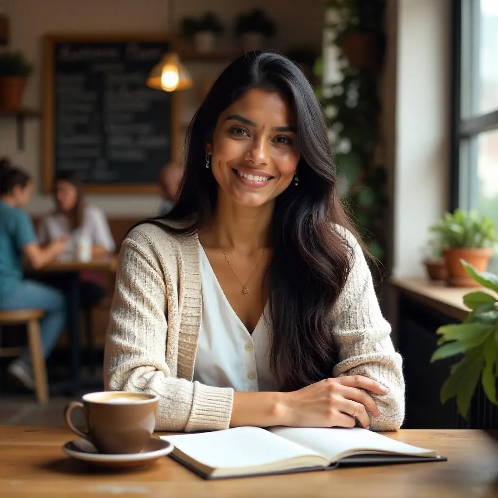Photorealistic Indian Woman in a Cozy Coffee Shop