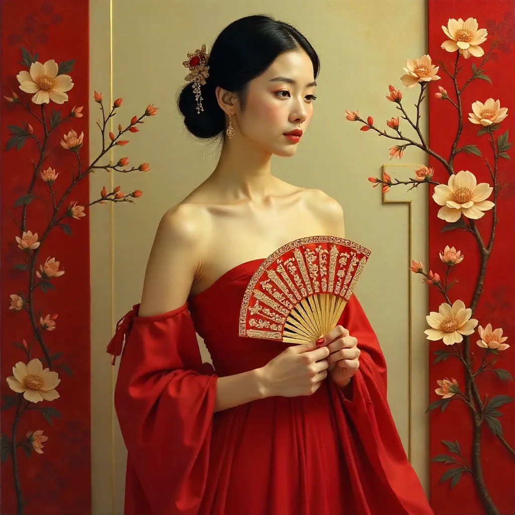 Red Dress Portrait with a Delicate Fan