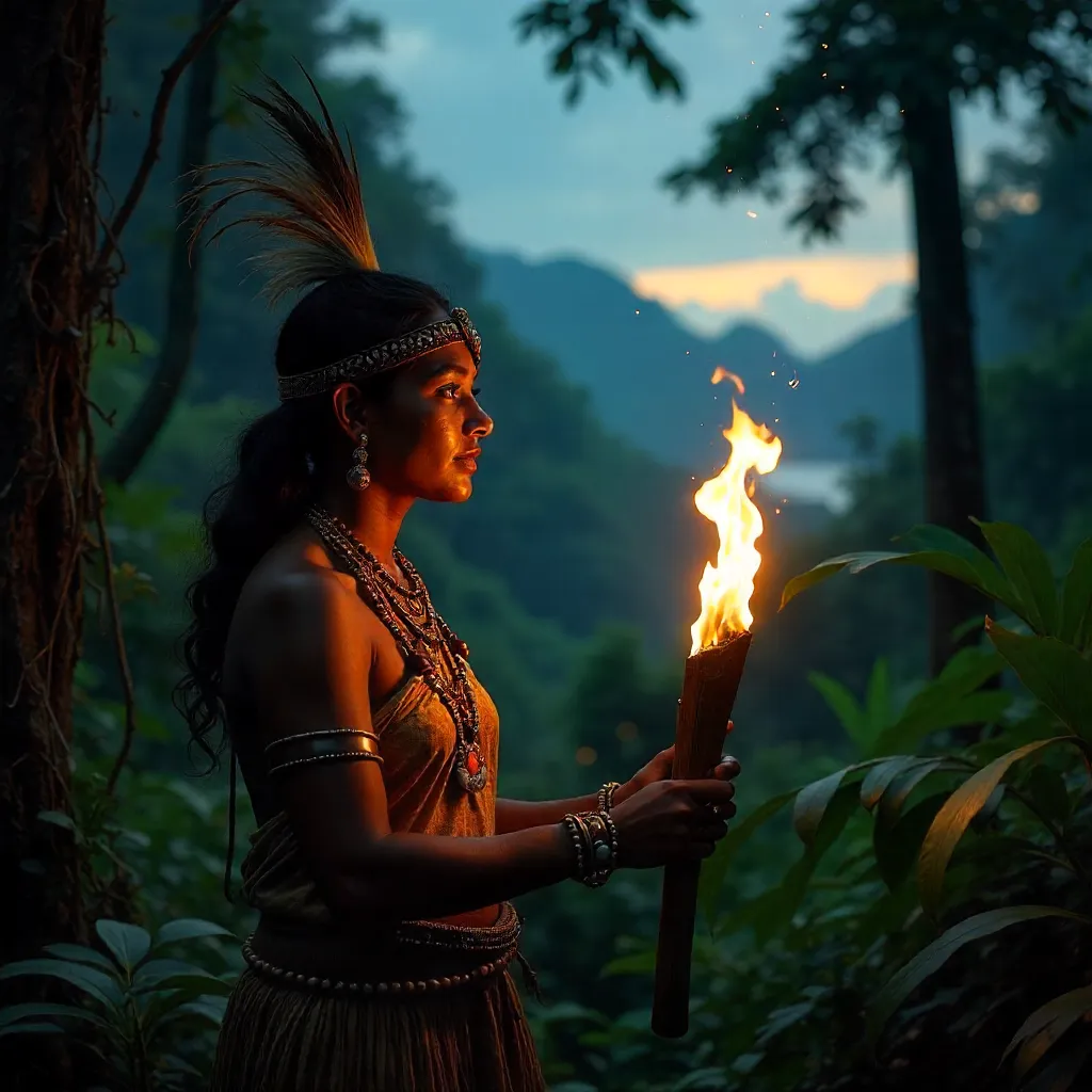Torchbearer in Papua Jungle Near Jayapura