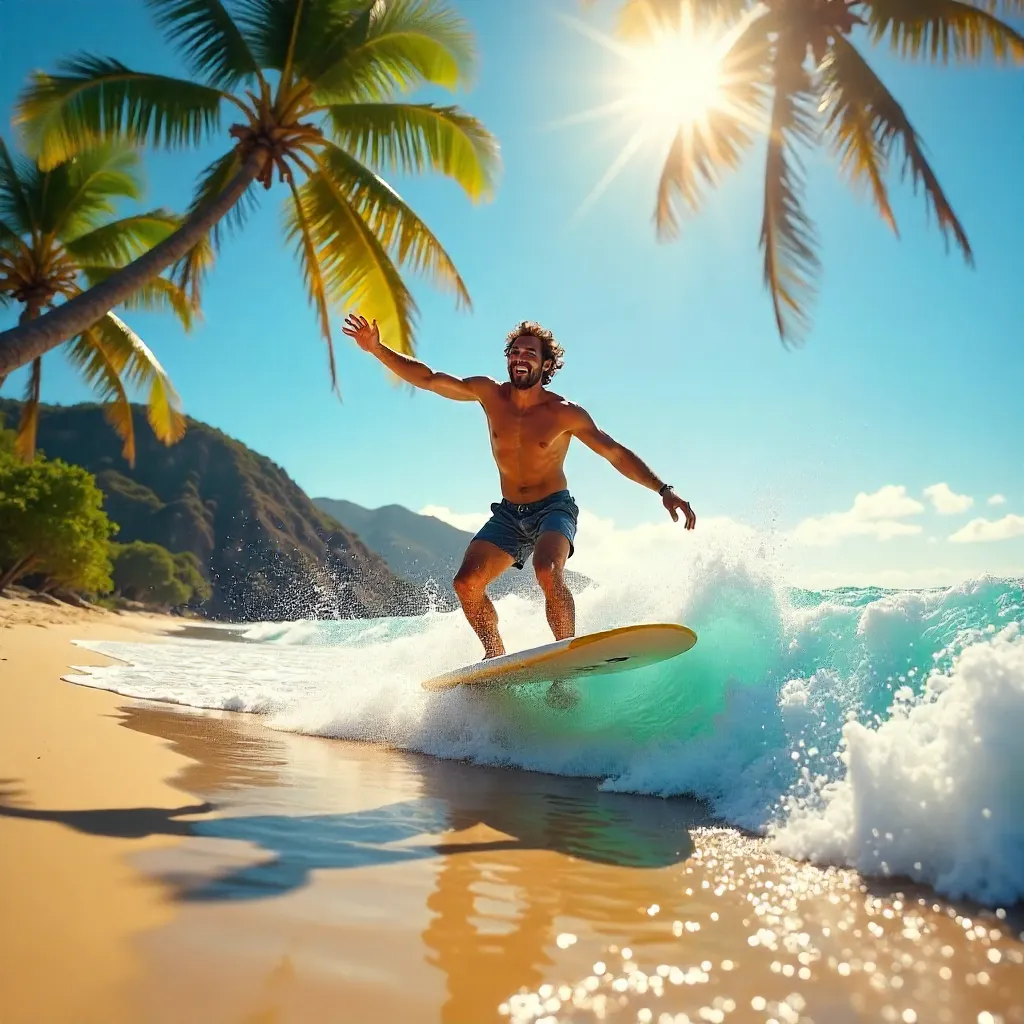 Joyful Surfer Tossing Board on Sunny Beach