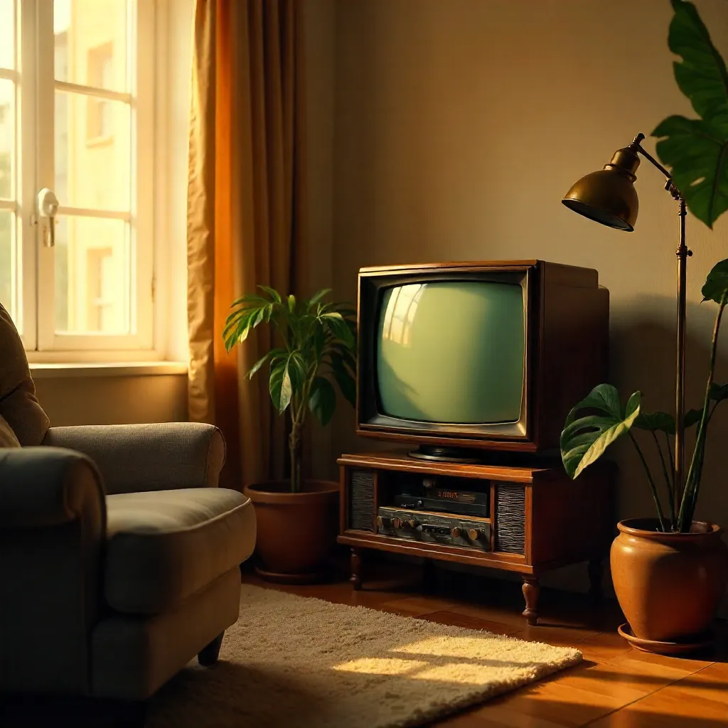 Cozy Retro Corner with CRT TV and Plants