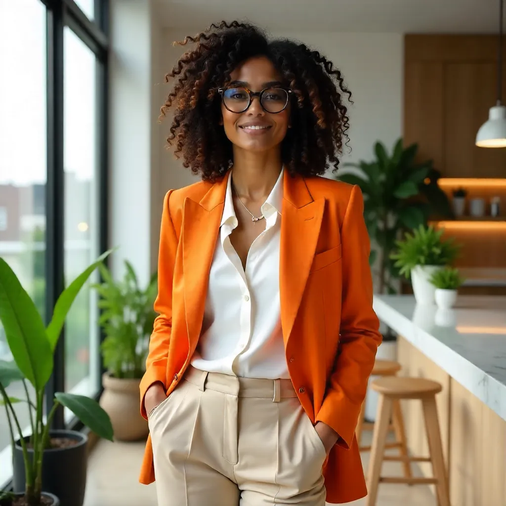 Stylish Woman in Orange Jacket in Modern Interior