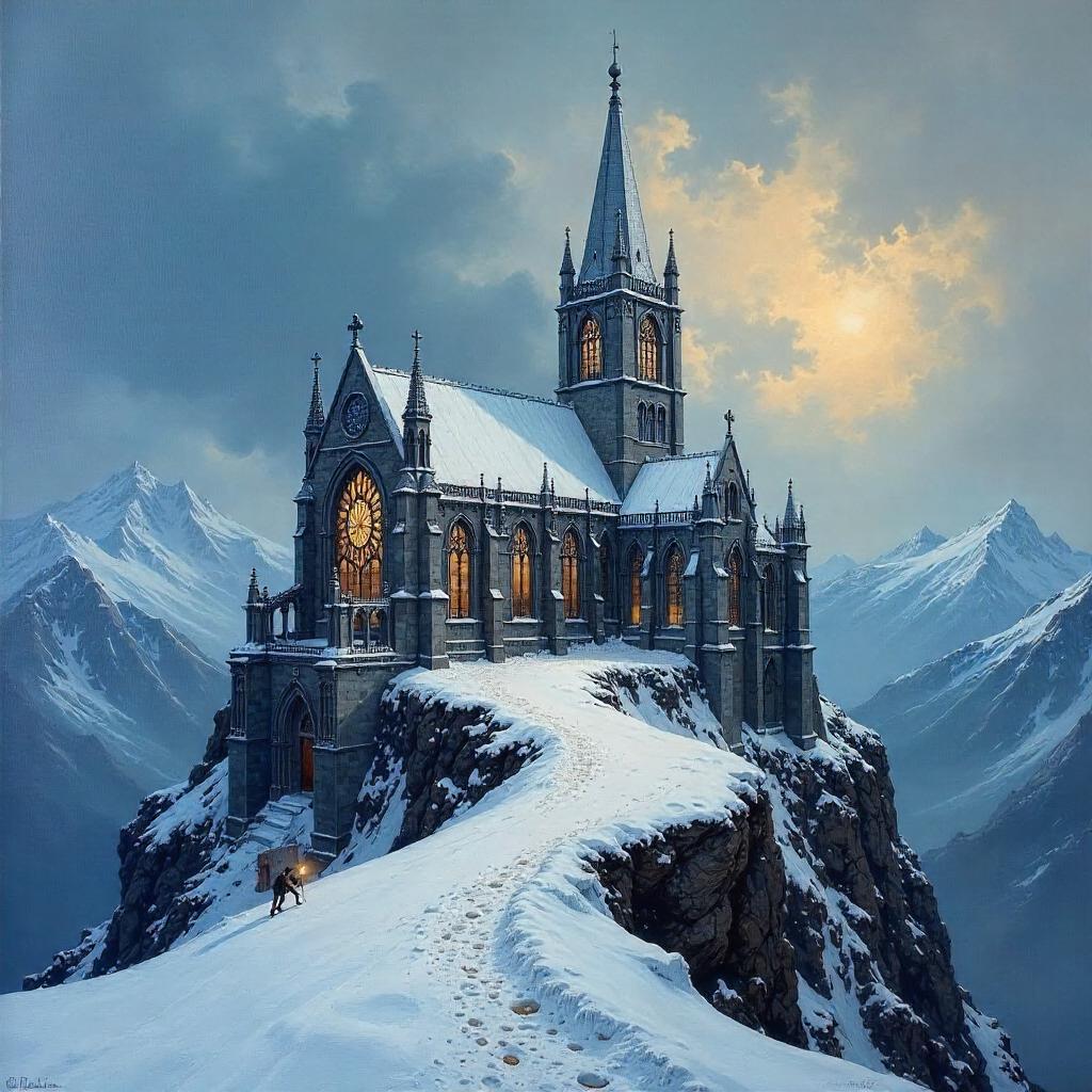 Cathedral on a Snowy Summit: Oil Painting