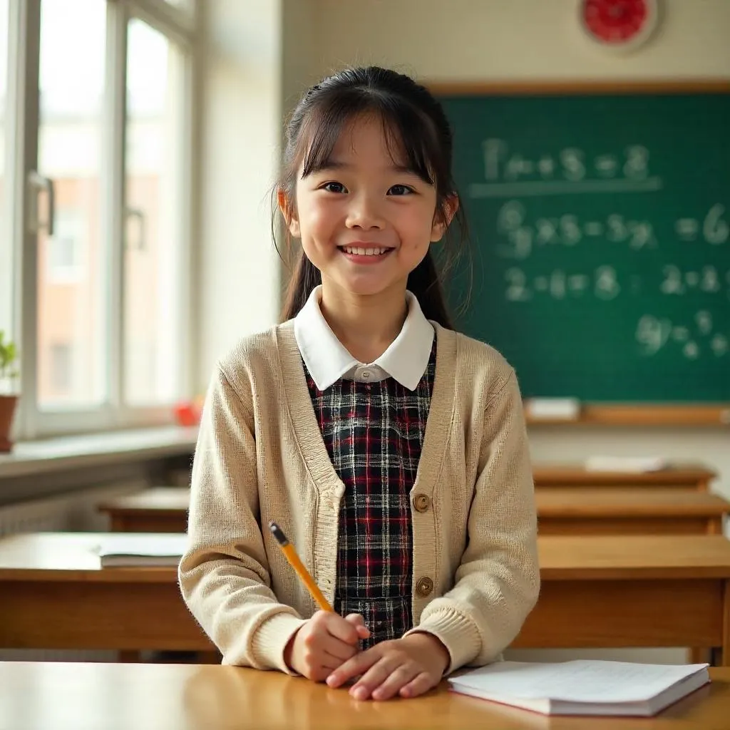 Cheerful Asian Student in a Bright Classroom