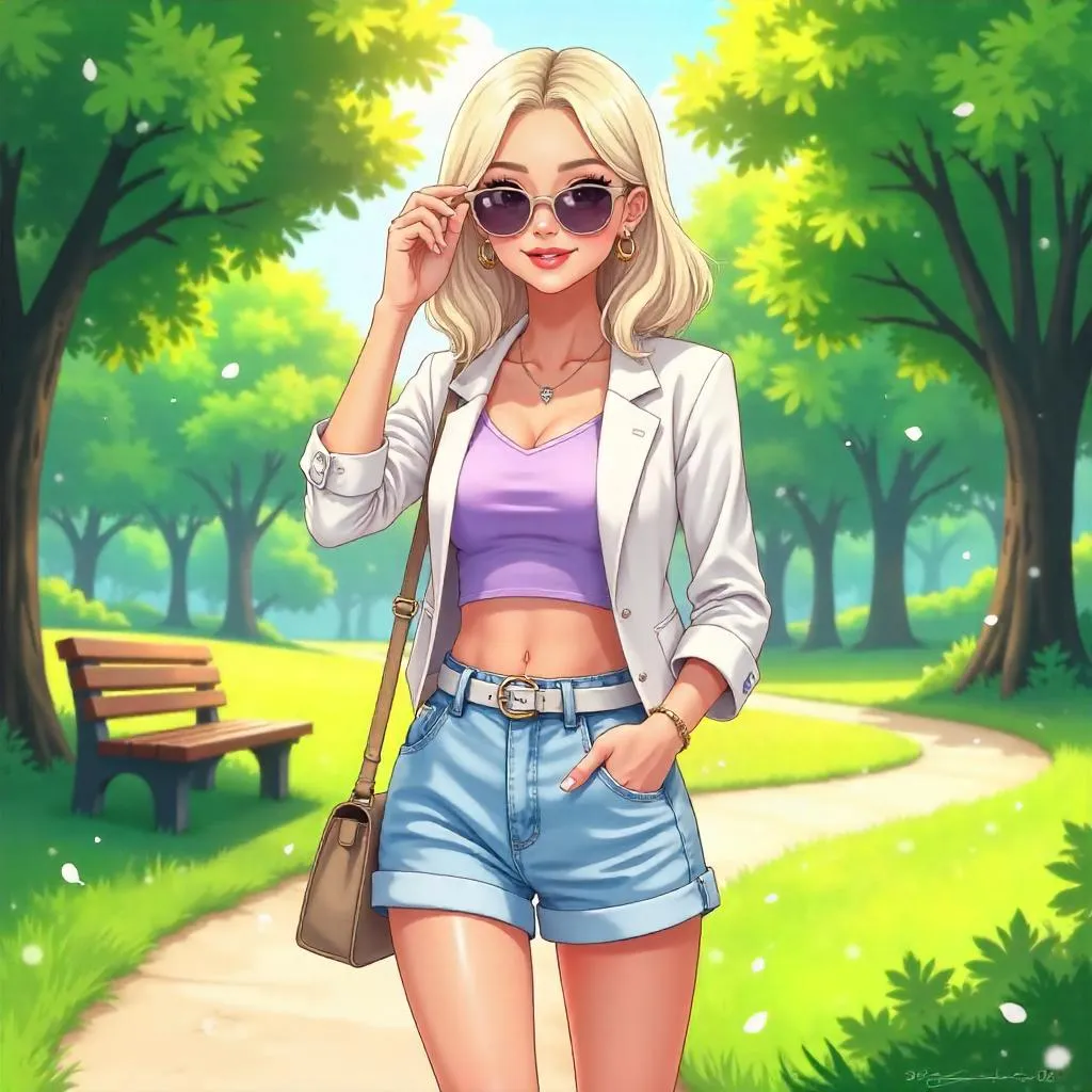 Stylish Anime Park Girl Under Sunlit Trees